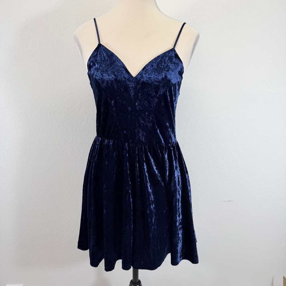 Primark‎ Velvet Sleeveless Culotte Romper Cross Back Spaghetti Strap Navy Blue 6